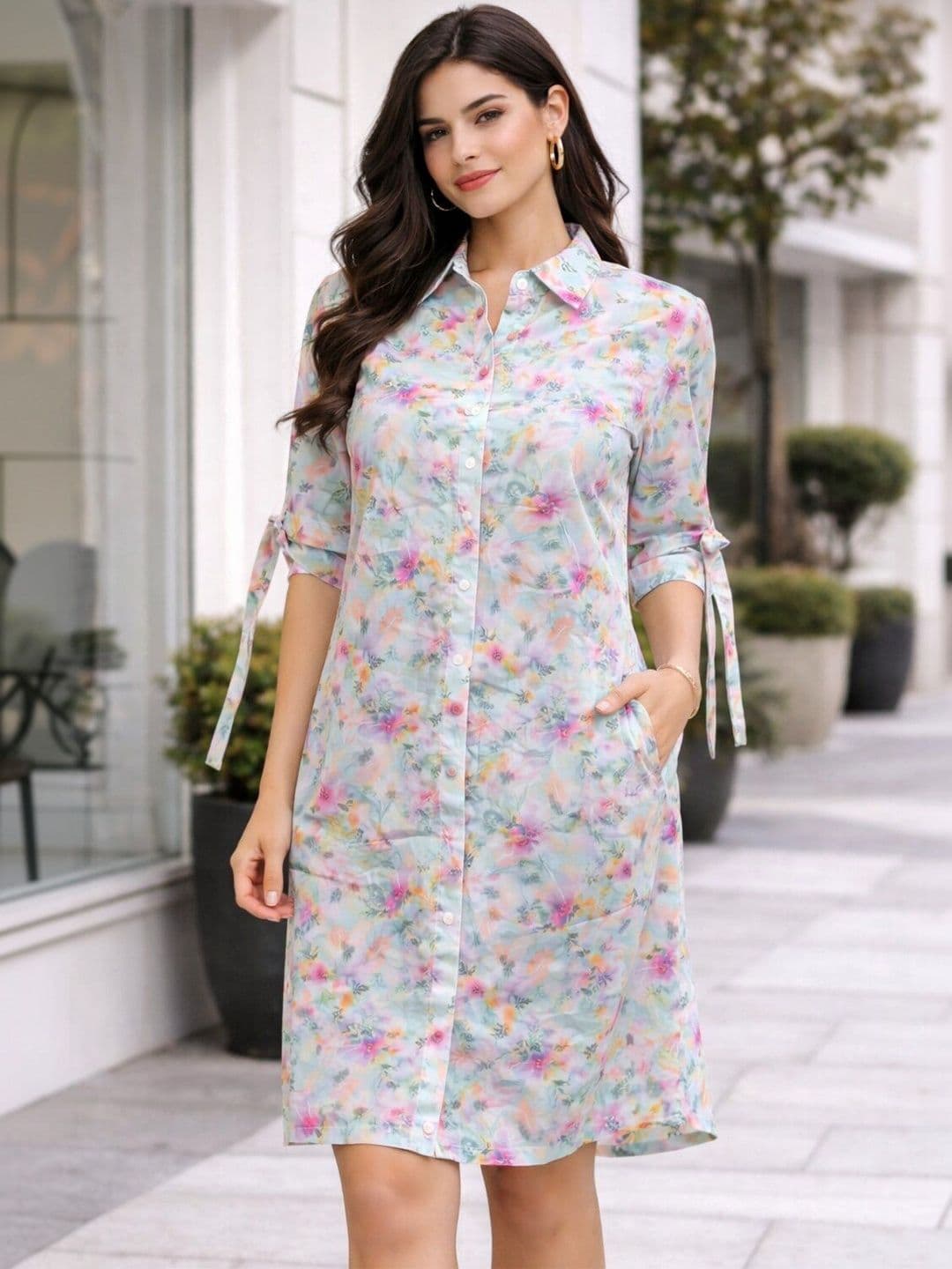Color Cocktail Floral Print Shirt Dress