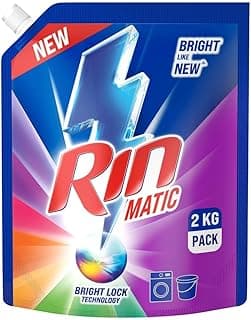 RIN Matic Liquid Detergent, 2Kg, for Dazzling Brightness, with Bright Lock Technology, Long-Lasting Fragrance, for Front Load Washing Machines