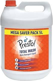 Amazon Brand - Presto! Total Wash Matic Detergent Liquid | 5 Litre | Removes Tough Stains | Gentle On Clothes | Refreshing Fragrance | Liquid Detergent For Washing Machine And Hand Wash