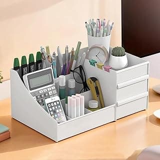 Kuber Industries Plastic 8 Compartments Professional Stationary Oragnizers for Desk & Pen Holder for Study Table | Pencil Box with Drawers for Students | White