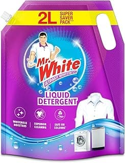 Mr White Liquid Detergent 2L Super Saver Pack | Whiteness Boosters Gives Ultimate Whiteness | No Bleach Formula Keeps Clothes Bright & Safe | Ideal for Front Load, Top Load Machines and Bucket Wash