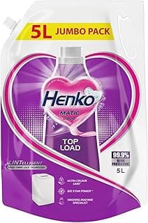 Henko Matic Top Load Liquid Detergent - 5L Jumbo Pack with Nano Fiber Lock Technology, 99.9% Germ Protection, Bio Stain Power & Ultra Color Care which maintains the Newness, Color & Shine