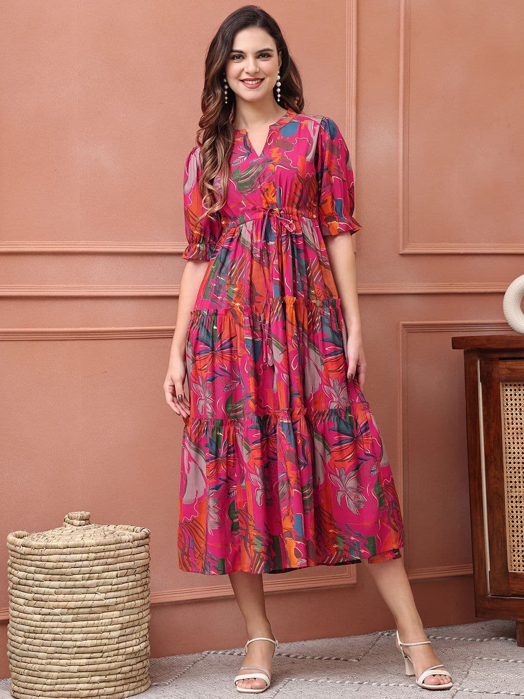 Claura Women Floral Printed Fit & Flare Midi Dress