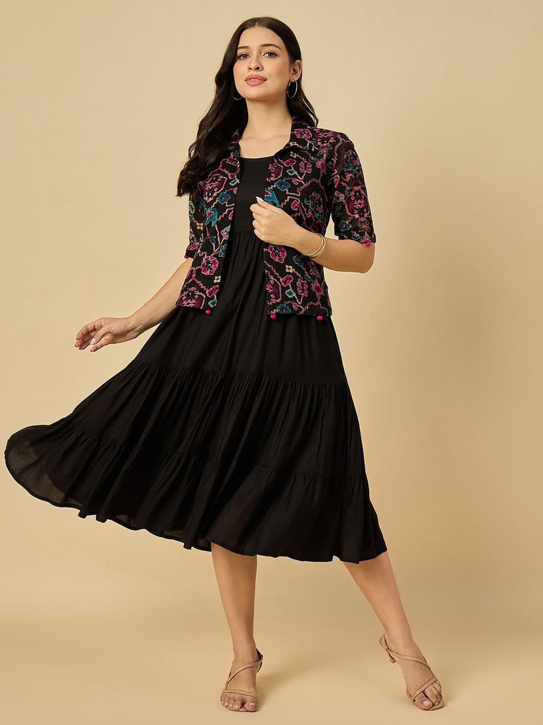 Azira Women Fit & Flare Midi Ethnic Dress With Jacket