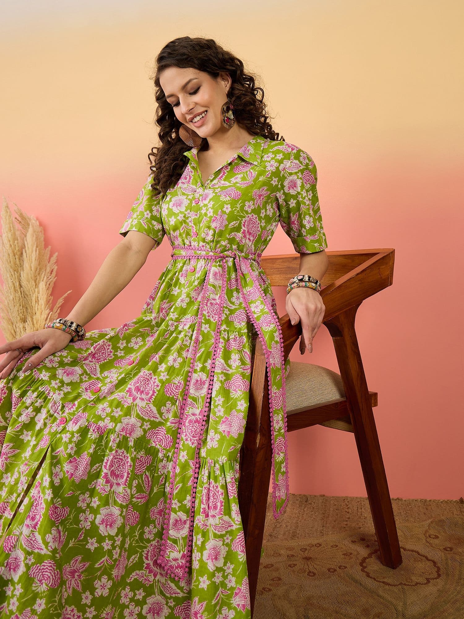 Sangria Floral Printed Pure Cotton Tiered Maxi Dress