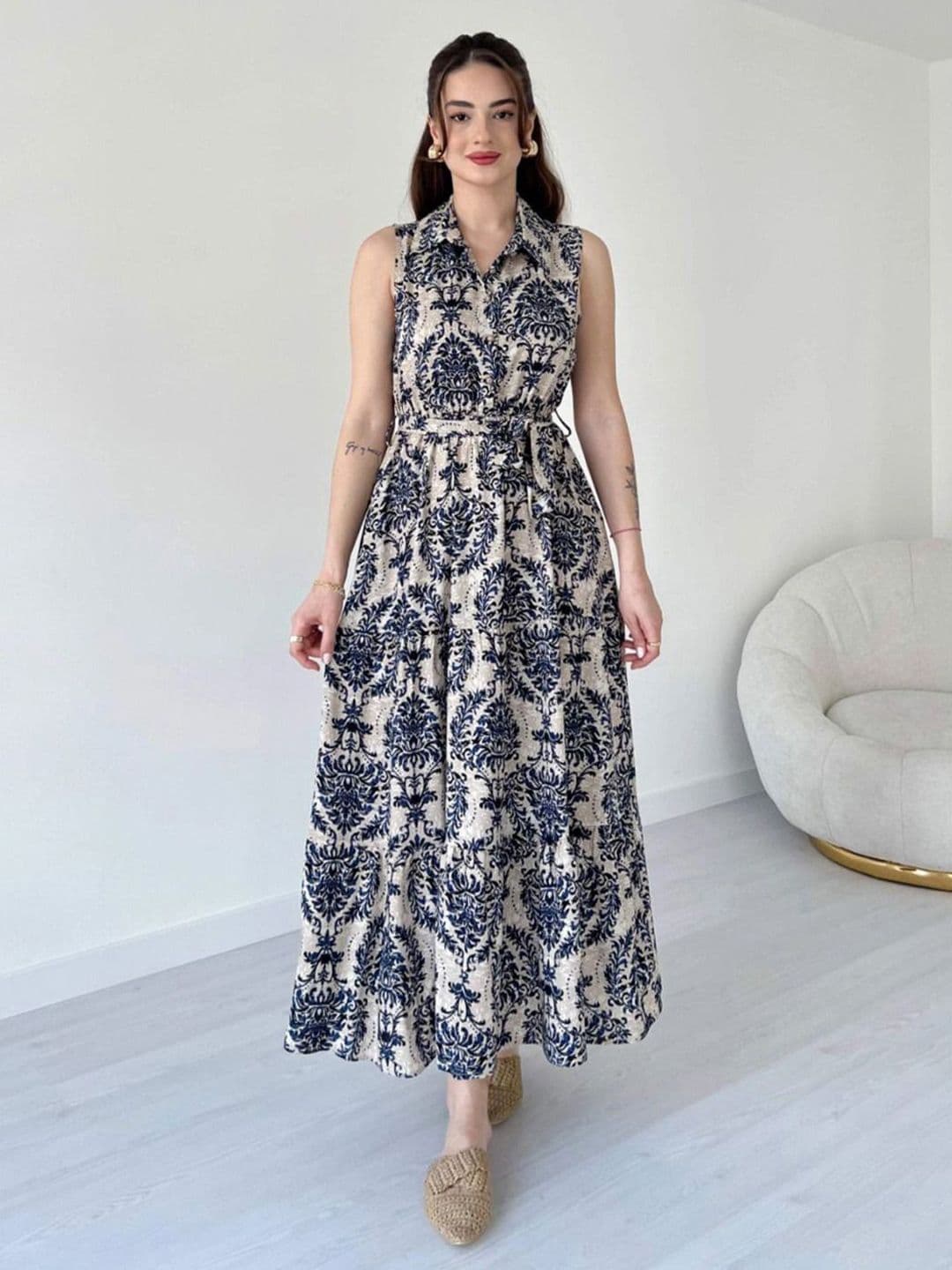 MANOJAVA Women Ethnic Motifs Printed Belted Tiered Shirt Collar Fit & Flare Maxi Dress