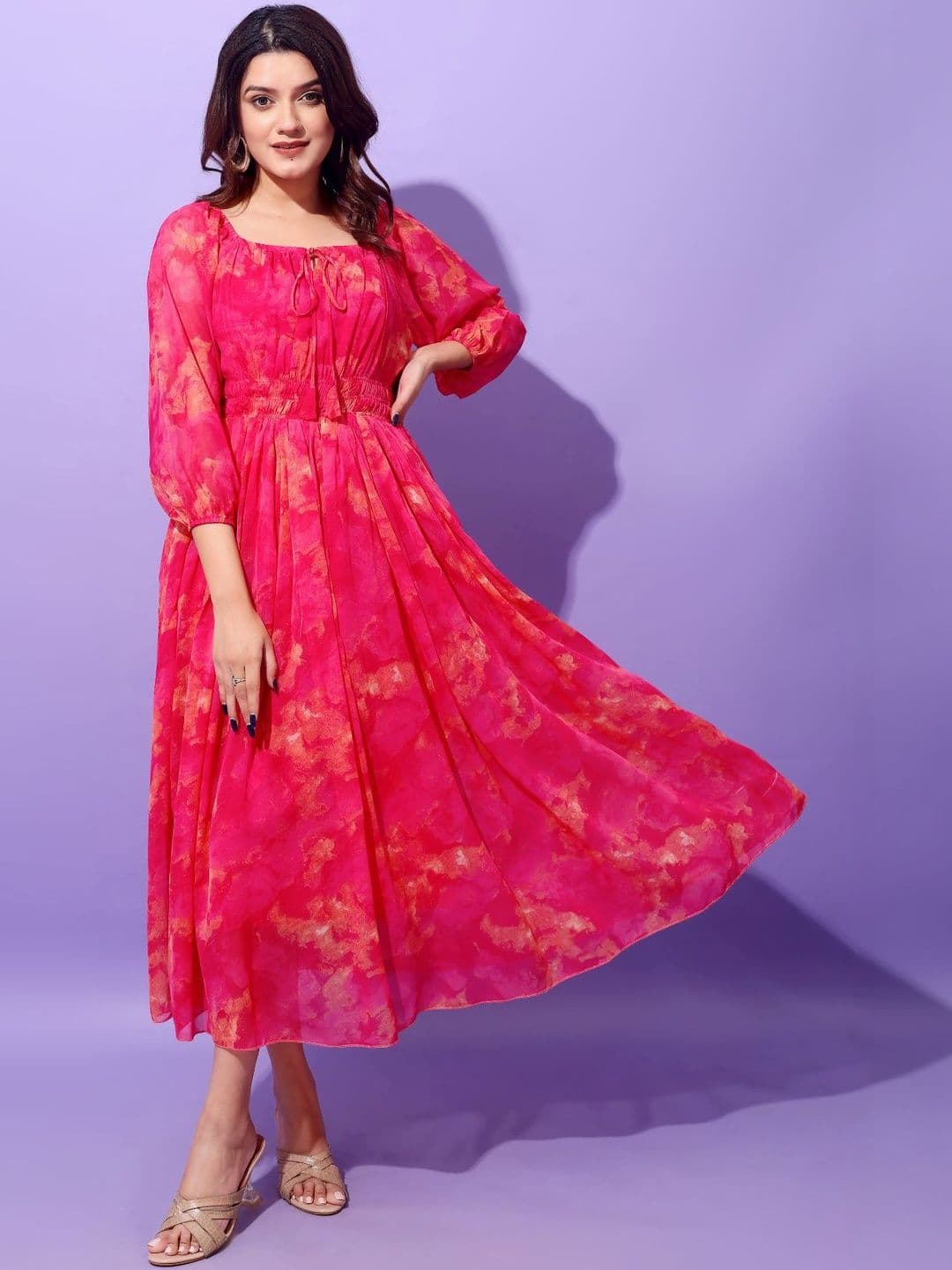 Attire Empire Print Off-Shoulder Georgette Fit & Flare Midi Dress