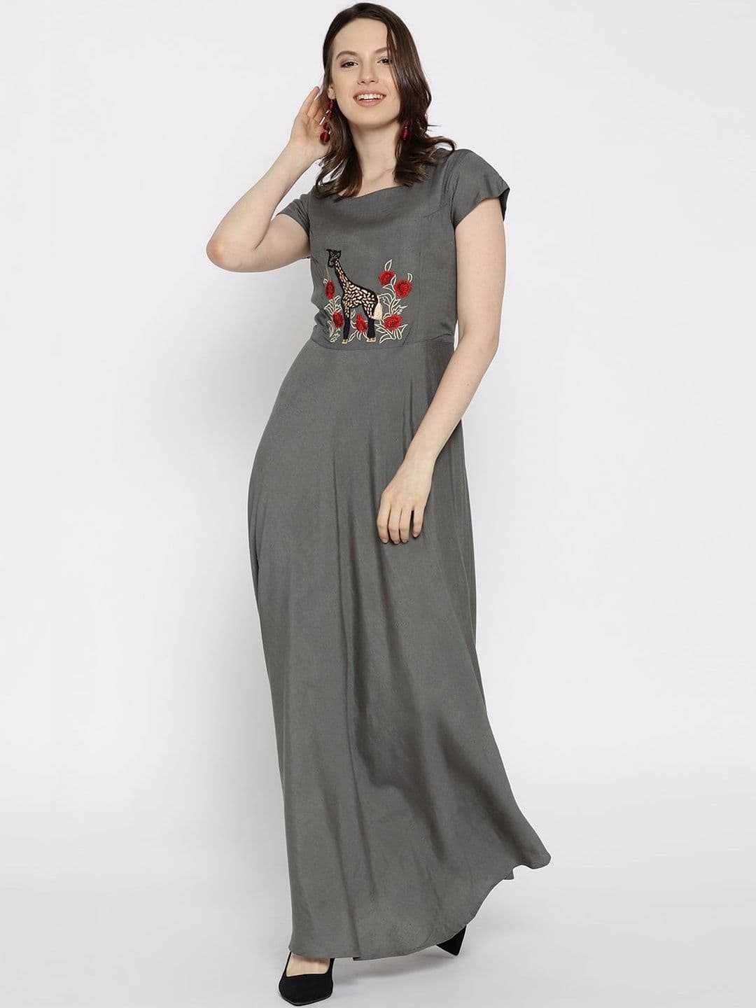AADVIKA Animal Embroidered Fit & Flare Maxi Dress