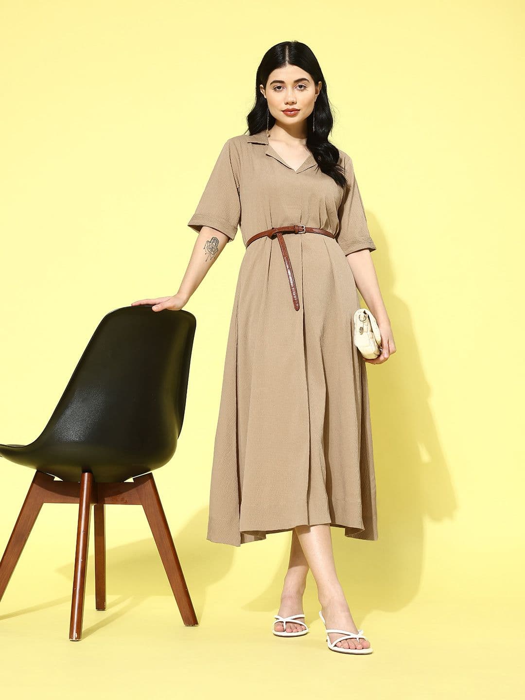 Varanga Beige Crepe Textured Shirt Collar Flared Midi Dress