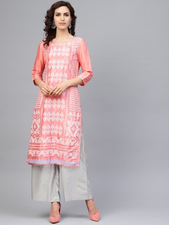 W Women Pink & White Printed Straight Kurta