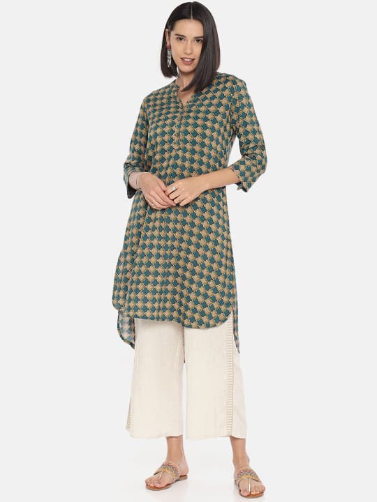 Global Desi Women Teal Green & Red Printed High-Low Tunic