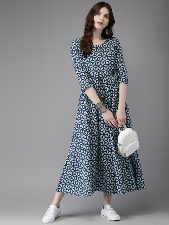 Anouk Women Blue Printed A-Line Kurta
