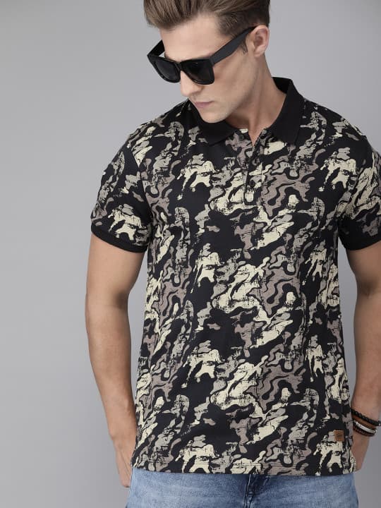 Roadster Men Navy Blue Printed Polo Collar T-shirt