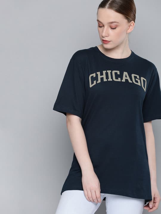 DILLINGER Women Navy Blue Printed Round Neck Longline T-shirt