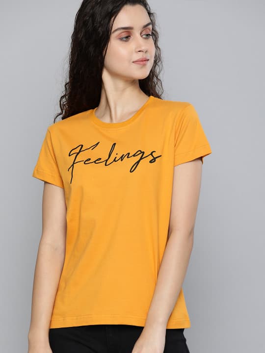 DILLINGER Women Mustard Yellow Printed Round Neck T-shirt