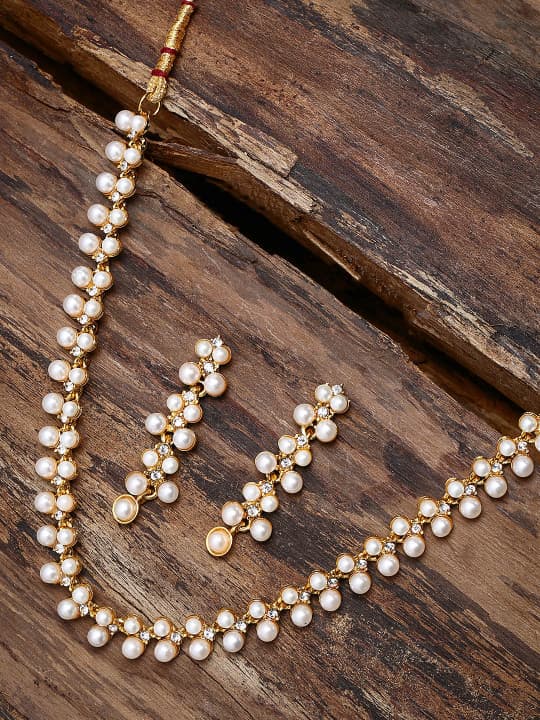 Zaveri Pearls Gold-Toned & White Contemporary Pearls Studded Jewellery Set