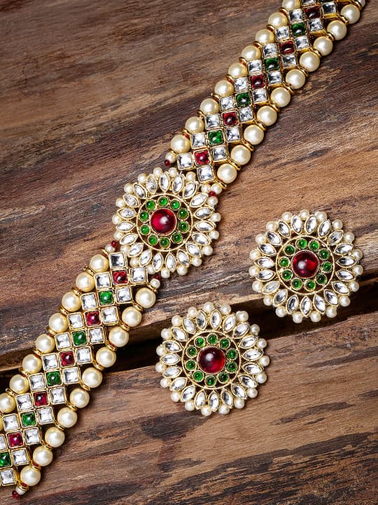 Zaveri Pearls Gold-Plated & Red Kundan & Pearl Studded Jewellery Set