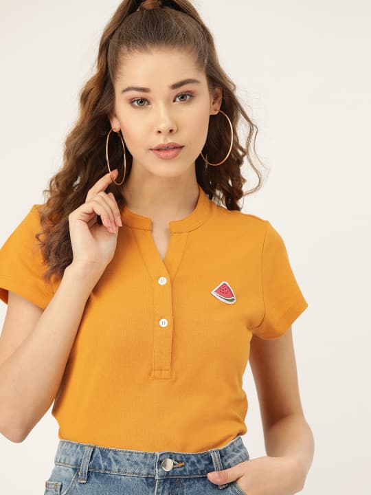 DressBerry Women Mustard Yellow Solid Mandarin Collar T-shirt