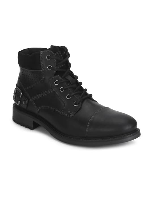 Red Tape Men Black Solid Leather High-Top Flat Boots