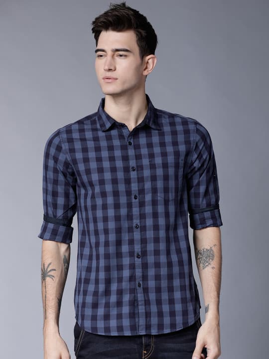 HIGHLANDER Men Navy Blue & Blue Slim Fit Checked Casual Shirt