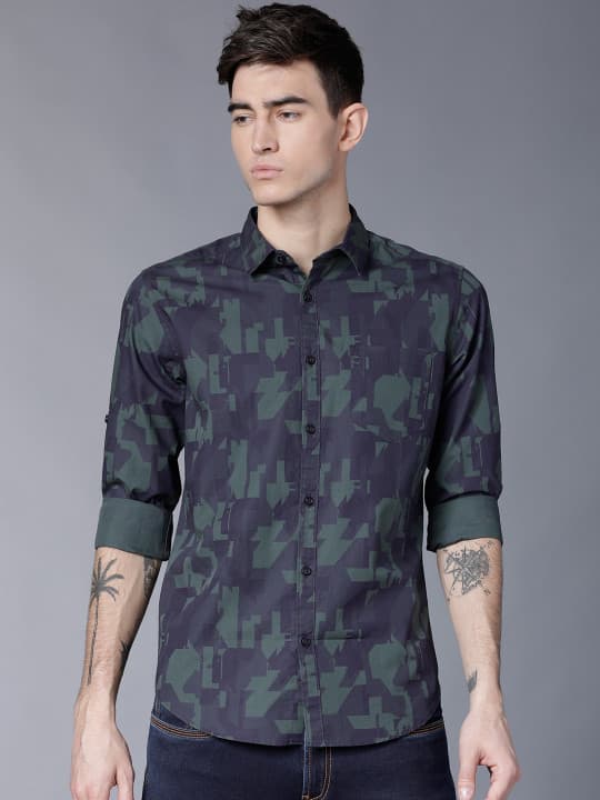 HIGHLANDER Men Navy Blue & Olive Green Slim Fit Printed Casual Shirt