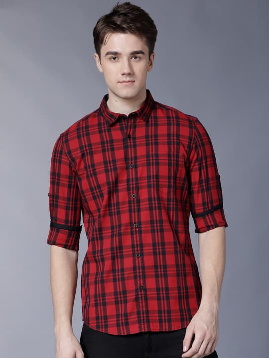 HIGHLANDER Men Red & Black Slim Fit Yarn Dyed Checked Casual Shirt