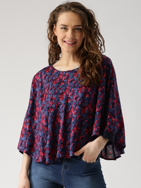 Marie Claire Women Blue & Red Floral Print Cape Top