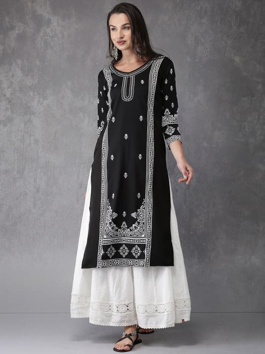 Anouk Women Black & White Printed Straight Kurta