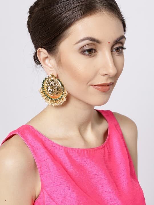 Zaveri Pearls Green Gold-Plated Circular Oversized Studs