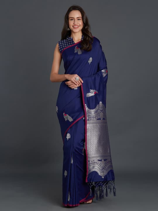 Mitera Navy Blue Silk Blend Solid Banarasi Saree