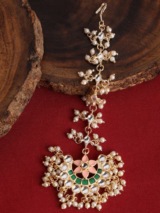AccessHer Gold-Plated & Green Meenakari Kundan Maang Tika