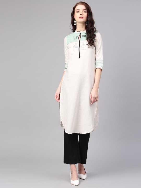 W Women Off-White Yoke Design Straight Kurta