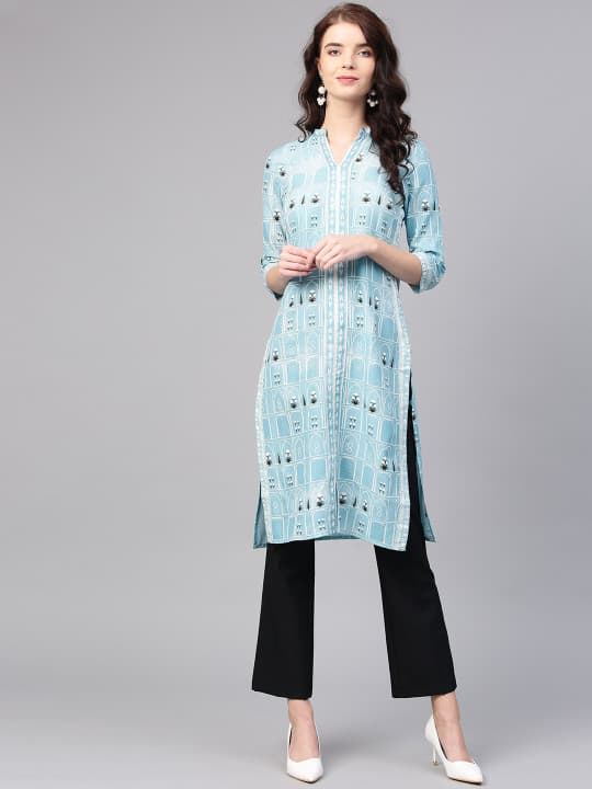 W Women Blue & White Printed Straight Kurta