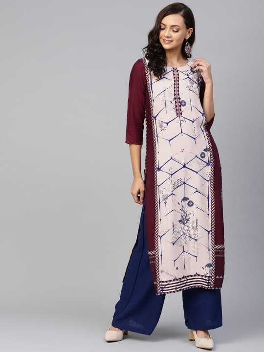W Women Burgundy & Off-White Printed Straight Kurta