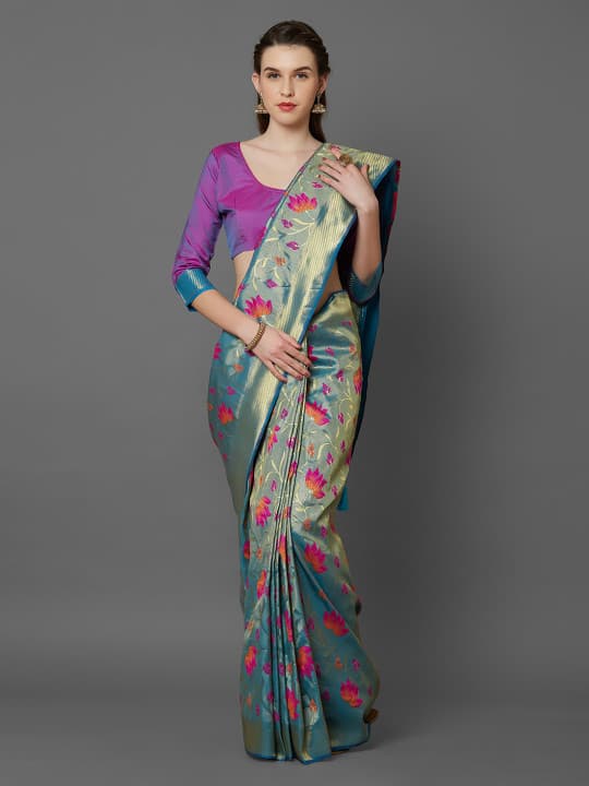 Mitera Turquoise Blue & Purple Silk Blend Woven Design Kanjeevaram Saree