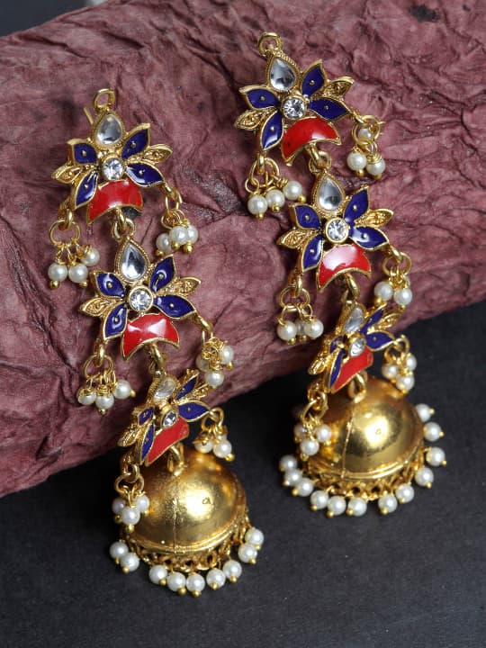 Priyaasi Gold-Plated & Blue Dome Shaped Enamelled Jhumkas