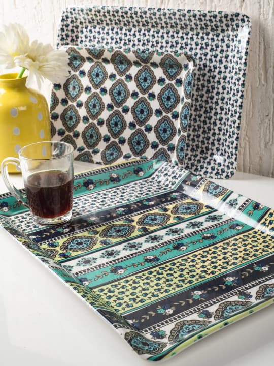 GOODHOMES Set of 3 White & Navy Blue Printed Rectangular Melamine Serving Trays