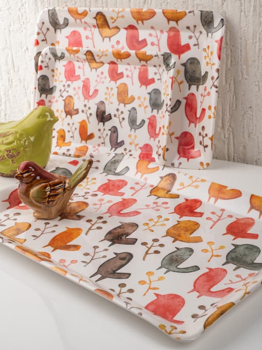 GOODHOMES Set of 3 Off-White & Orange Printed Melamine Serving Trays