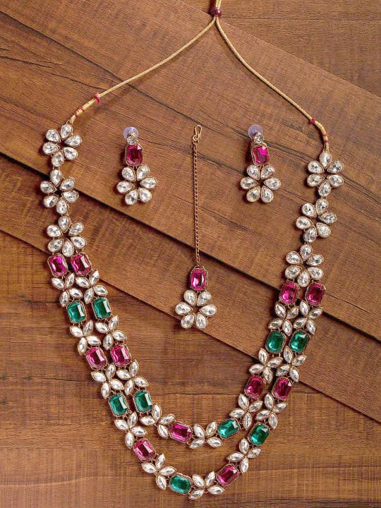 Zaveri Pearls Gold-Plated Pink & Green Artificial Stone-Studded Layered Jewellery Set