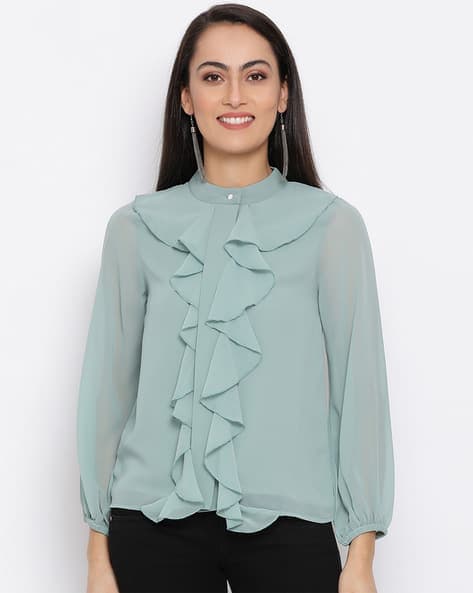 Ruffled Top with Elasticated Sleeve Hems