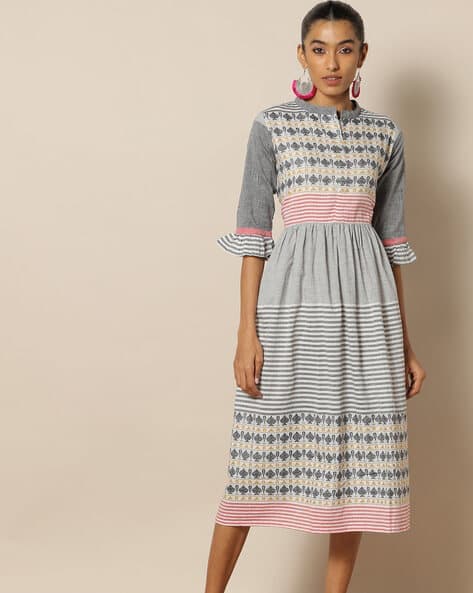 Striped South Cotton Fit & Flare Dress with Mandarin Collar
