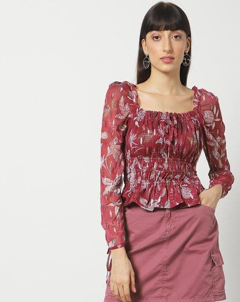 Women Floral Print Ruched Maroon Top