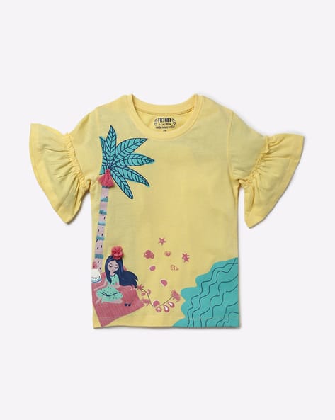 Printed Round-Neck T-shirt with Flounce Sleeves