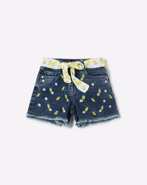 Embroidered Denim Shorts with Tie-Up