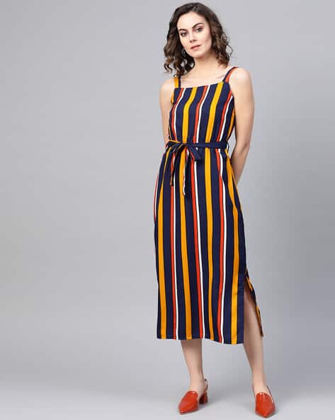 Striped A-line Dress with Waist Tie-Up