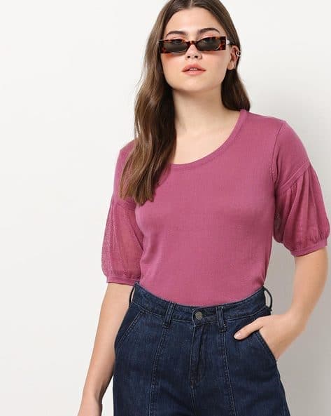Textured Round-Neck Top with Balloon Sleeves