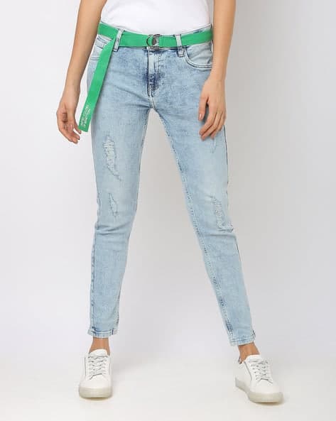 Washed Distressed Skinny Jeans with Belt