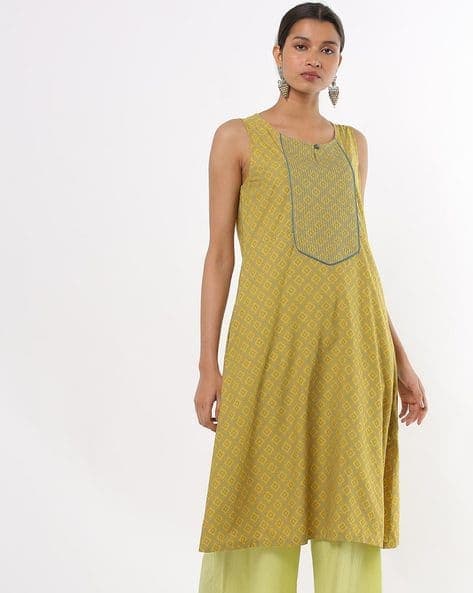 Floral Print A-line Kurta with Couched Yoke