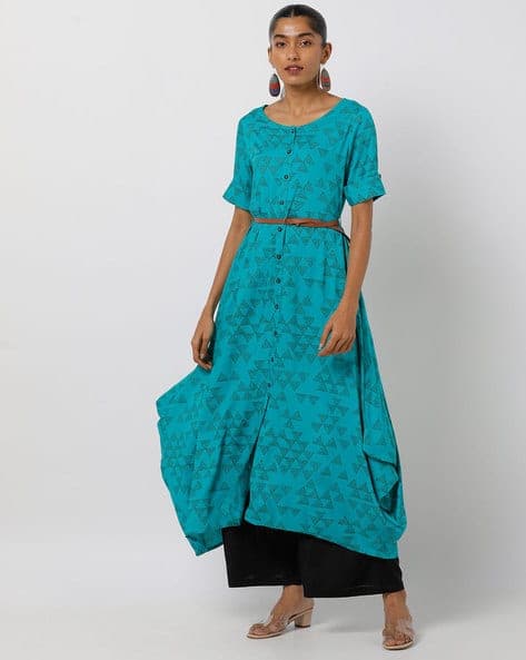 Printed A-line Kurta with Handkerchief Hem