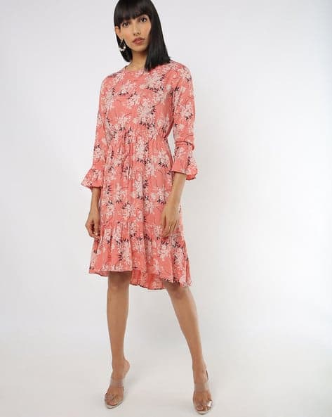Floral Print A-line Dress with Drawstring Waist